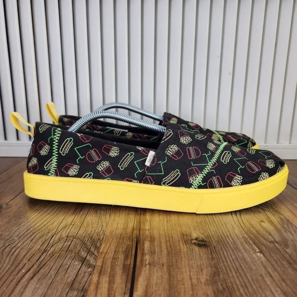TOMS Venice Late Night Food Print Canvas Mens Size 12 Black Yellow Loafers Shoes